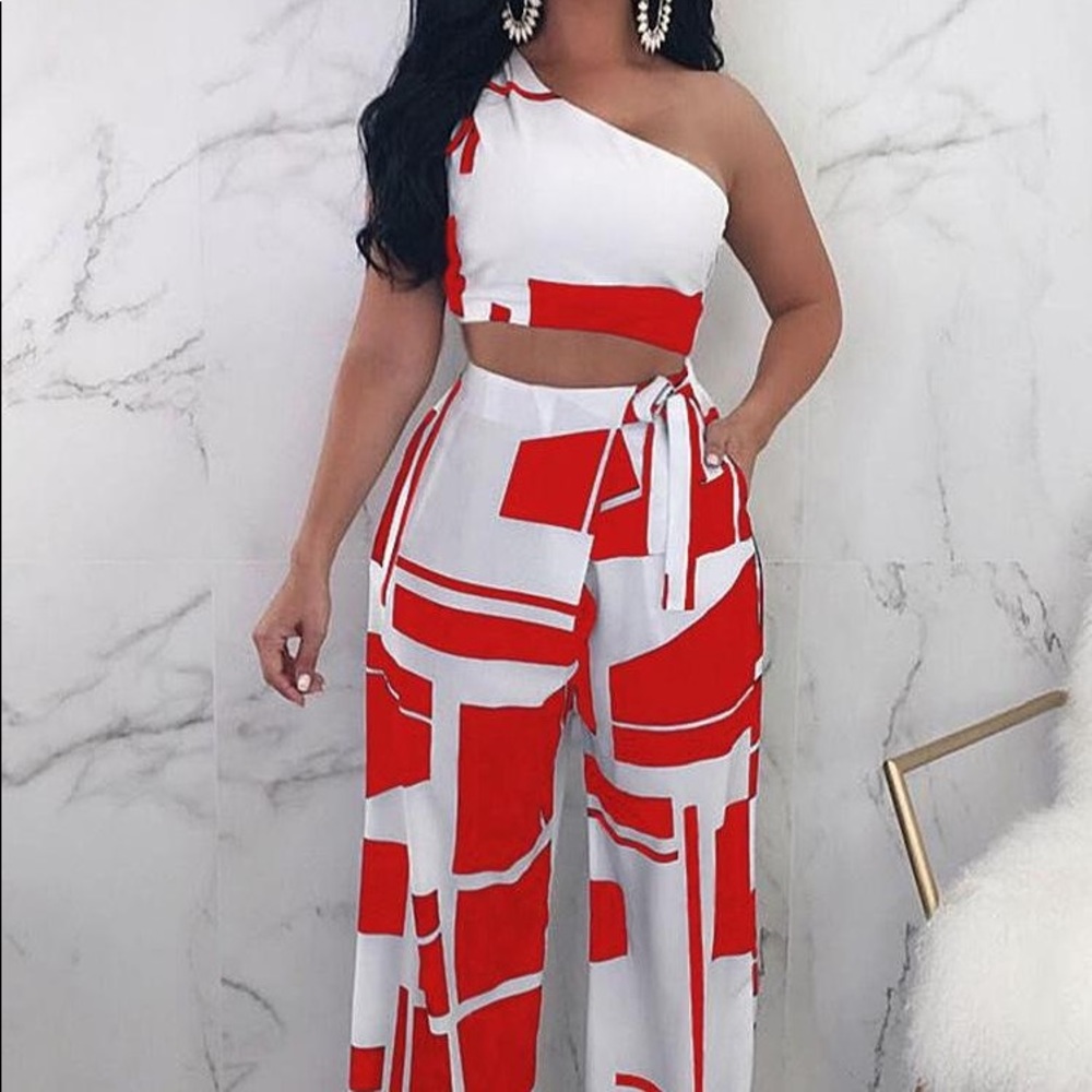 Colorblock One Shoulder Cropped Wide Pants Set